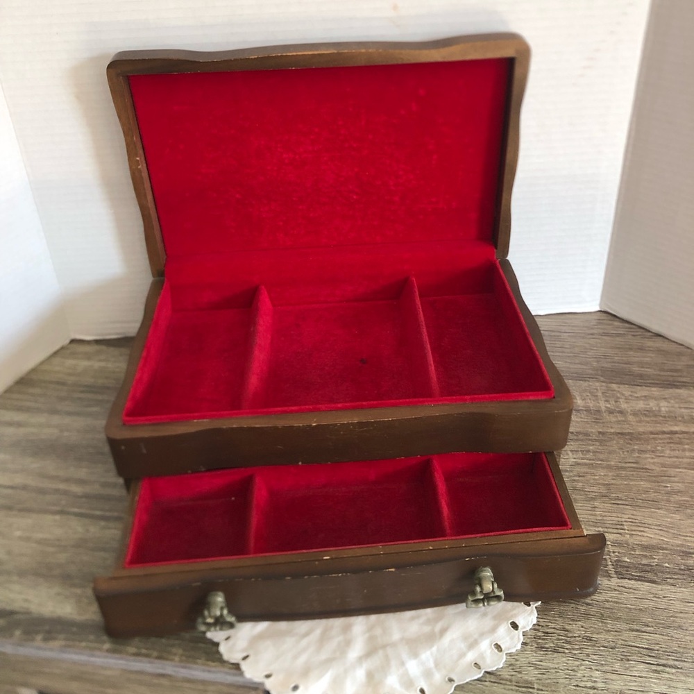 Vtg Jasco Wood Jewelry Box with Red Velvet Lining
